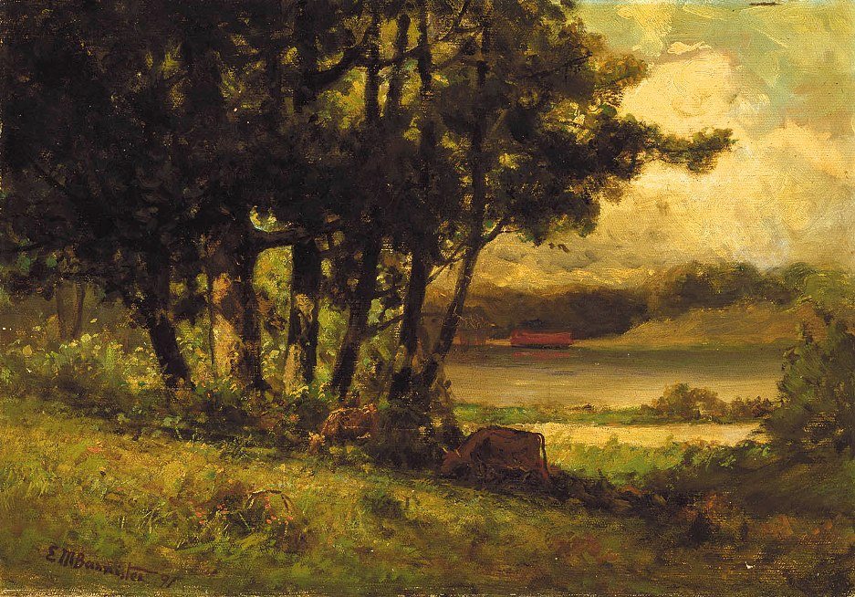 Edward Mitchell Bannister landscape with cows grazing near river